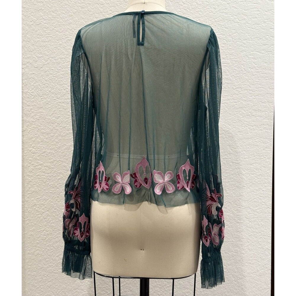 Anthropologie Women’s Sz M The Layla Long Sleeve Applique Mesh Blouse in Green - Picture 4 of 13
